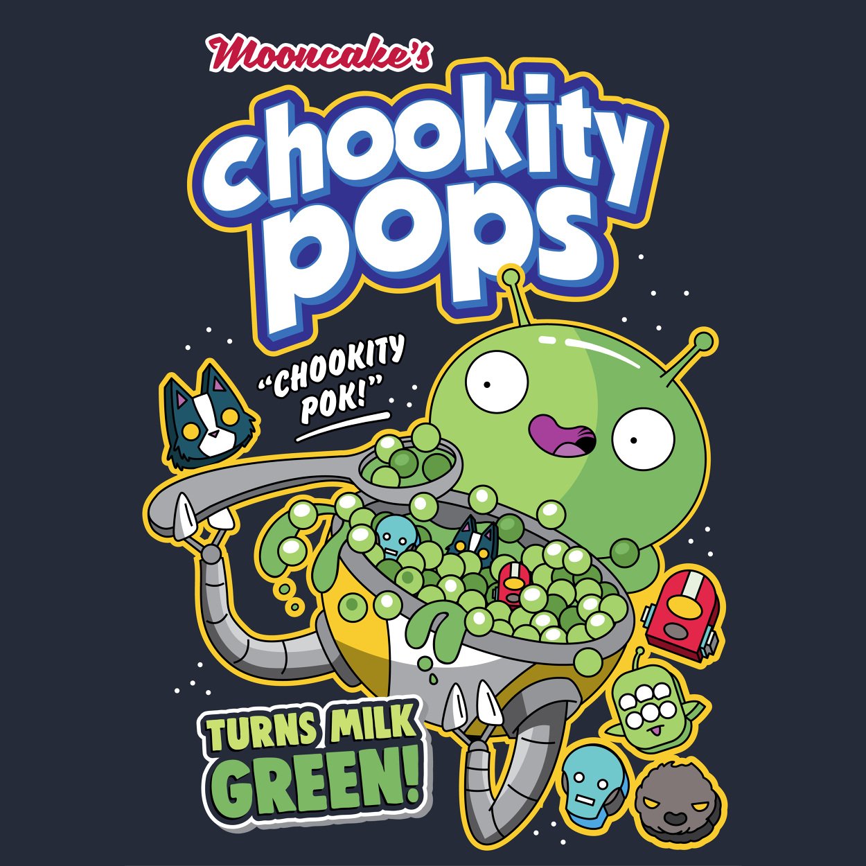 Colorful cartoon-style illustration of Moowcake's 'Chookity Pops' game with a green alien character holding a bowl of green balls, surrounded by small robot and animal-themed characters, with text indicating the game turns milk green and features the