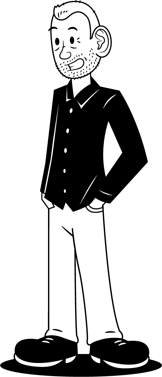 Black-and-white line drawing of a man in a tuxedo, wearing glasses, standing with hands in pockets, smiling, and wearing black shoes.