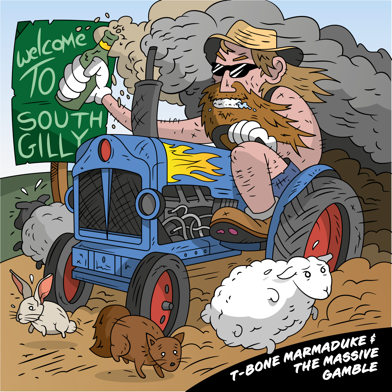 A cartoon illustration of a rugged man with a beard and sunglasses driving a blue hot rod with flames painted on the side. He is holding a beer bottle and there is a sign that reads 'Welcome to South Gilly.' The man is surrounded by animals including