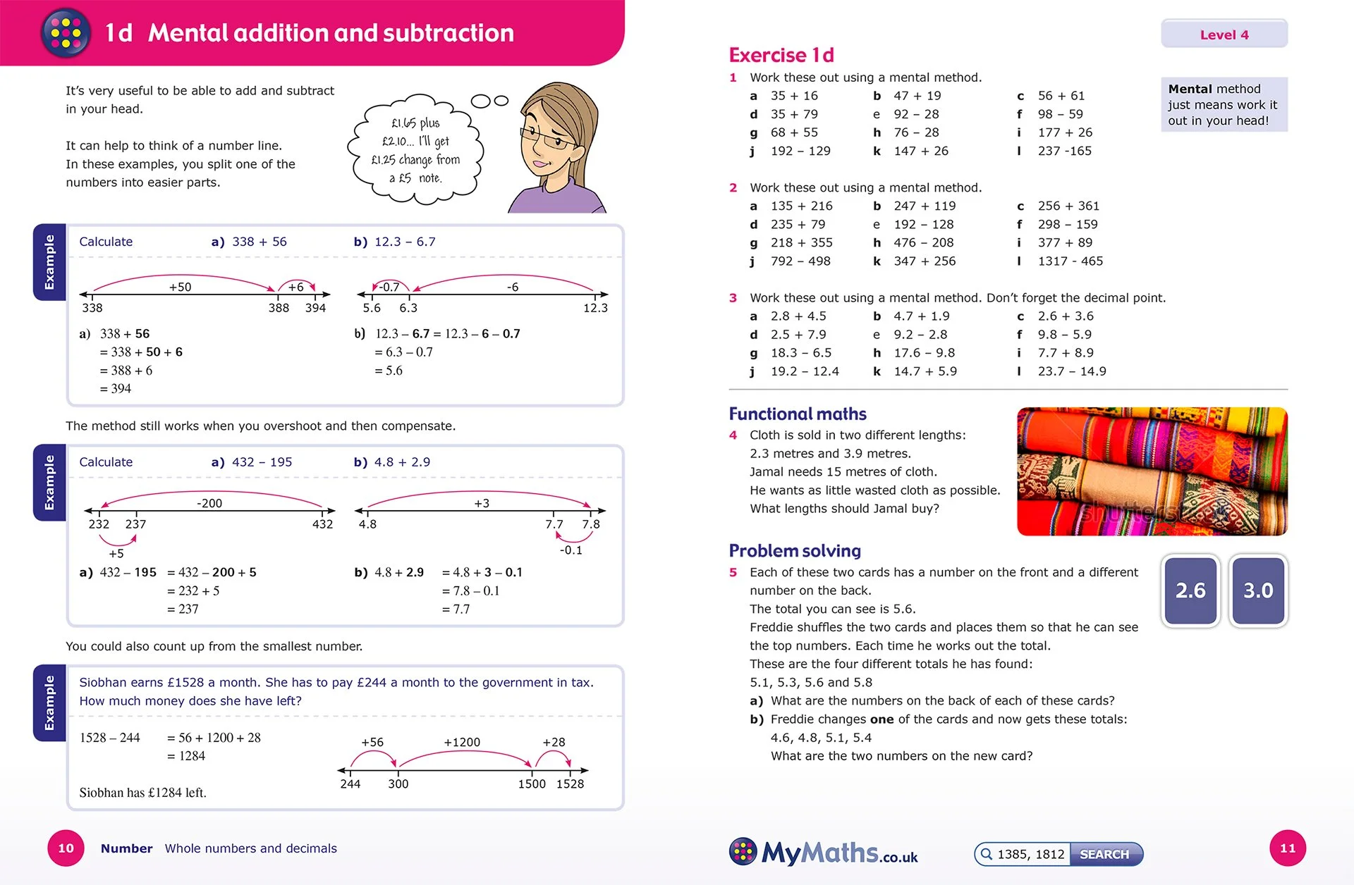 Educational math worksheet focusing on mental addition and subtraction for level 4 students. Contains examples, exercises, and a colorful image of folded textiles.