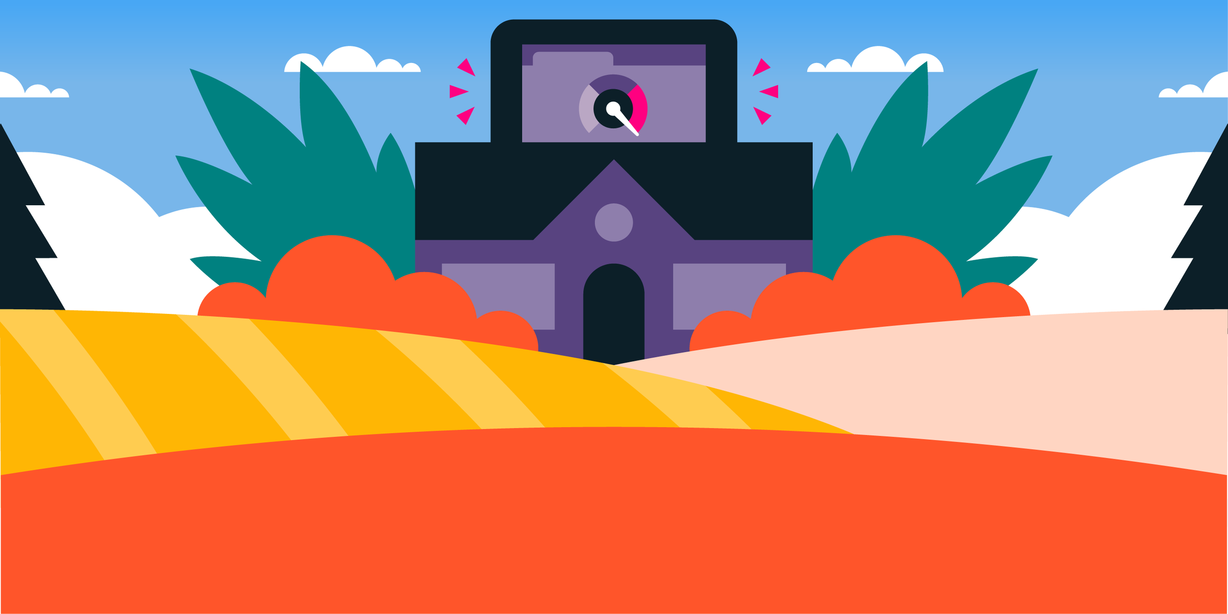 Colorful digital illustration of a haunted house surrounded by trees, with orange bushes in the foreground and a blue sky with clouds in the background.