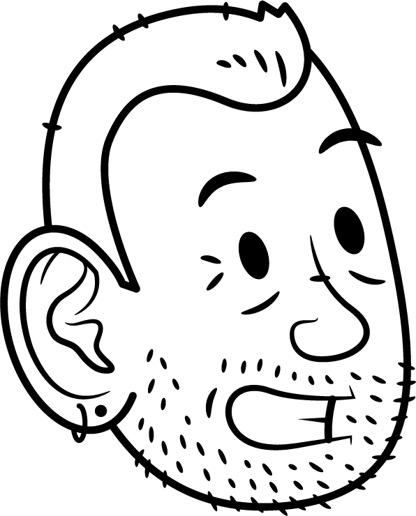 Black and white cartoon illustration of a smiling man with short hair, beard, and large ear.