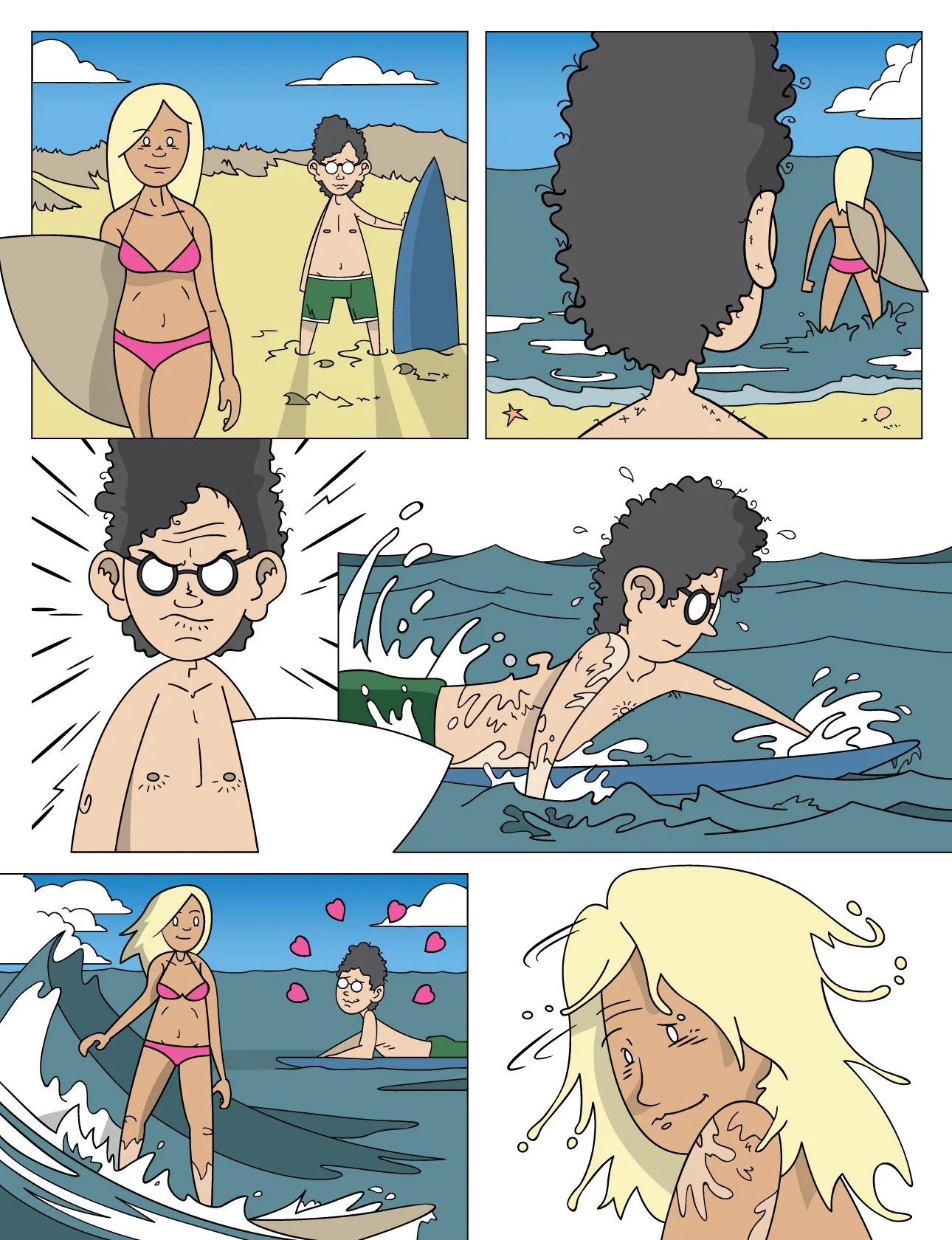 A comic strip showing a boy with curly dark hair and glasses at the beach. He is initially surprised, then uses a surfboard to surf the waves. He later encounters a blonde girl in a pink bikini, who seems to like him, as he blushes and she smiles.