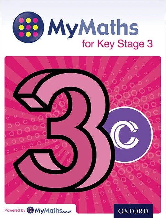Cover of a children’s math book titled "MyMaths for Key Stage 3." The cover features a large pink number three with a bold black outline against a pink background with radiating lines and circles. The top has the "MyMaths" logo, and the bottom displa