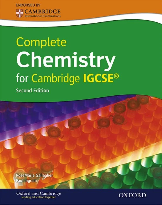 Book titled 'Complete Chemistry for Cambridge IGCSE, Second Edition' with a cover design featuring colorful representations of chemical test tubes or flasks.