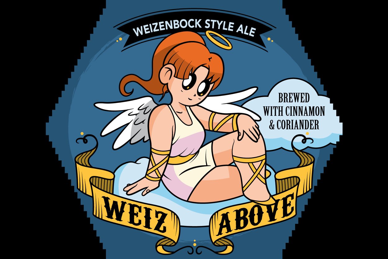 Cartoon illustration of a character with wings, sitting on a cloud with a gold halo above her head, wearing a white dress and gold accessories. The image features the text "Weiz Above," along with details about the beer being brewed with cinnamon and