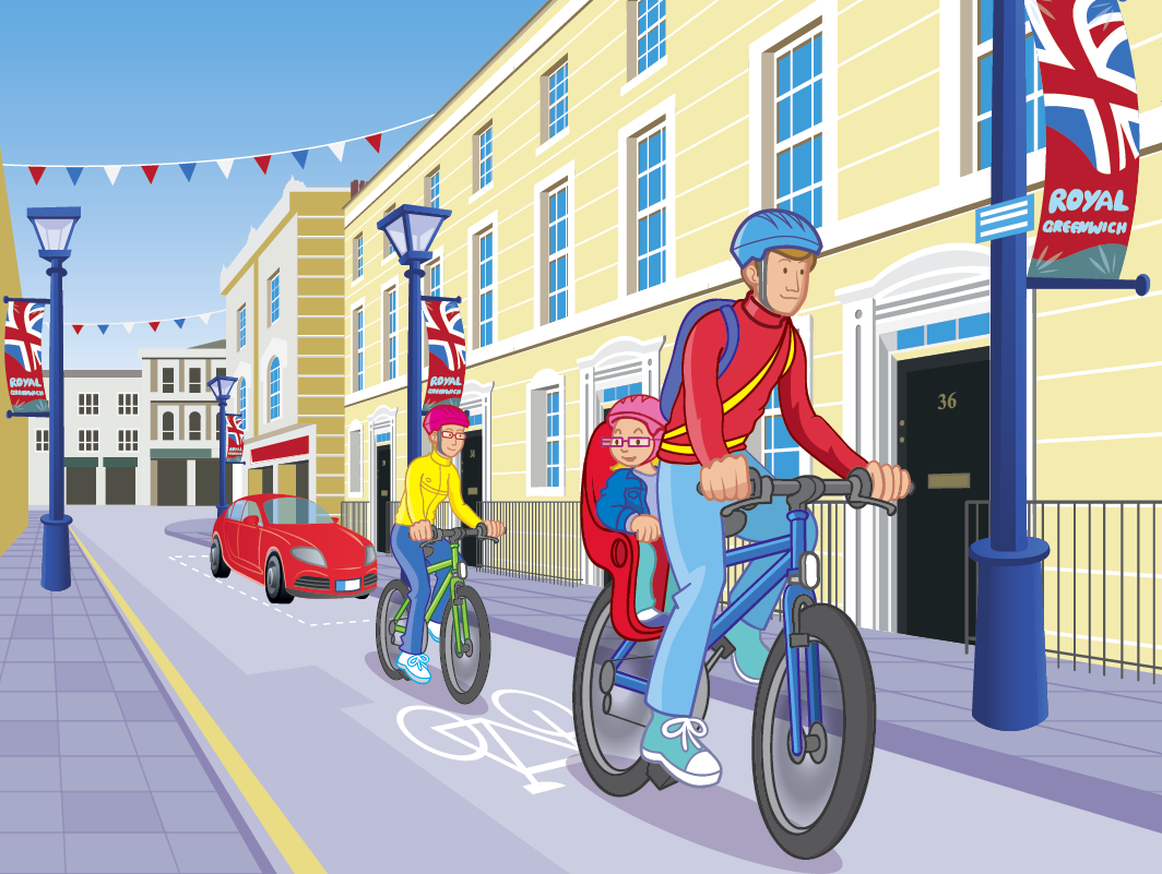A street scene with two children and an adult riding bikes on a bike lane, decorated with Union Jack flags, outside a London building with banners reading 'Royal Greenwich.'