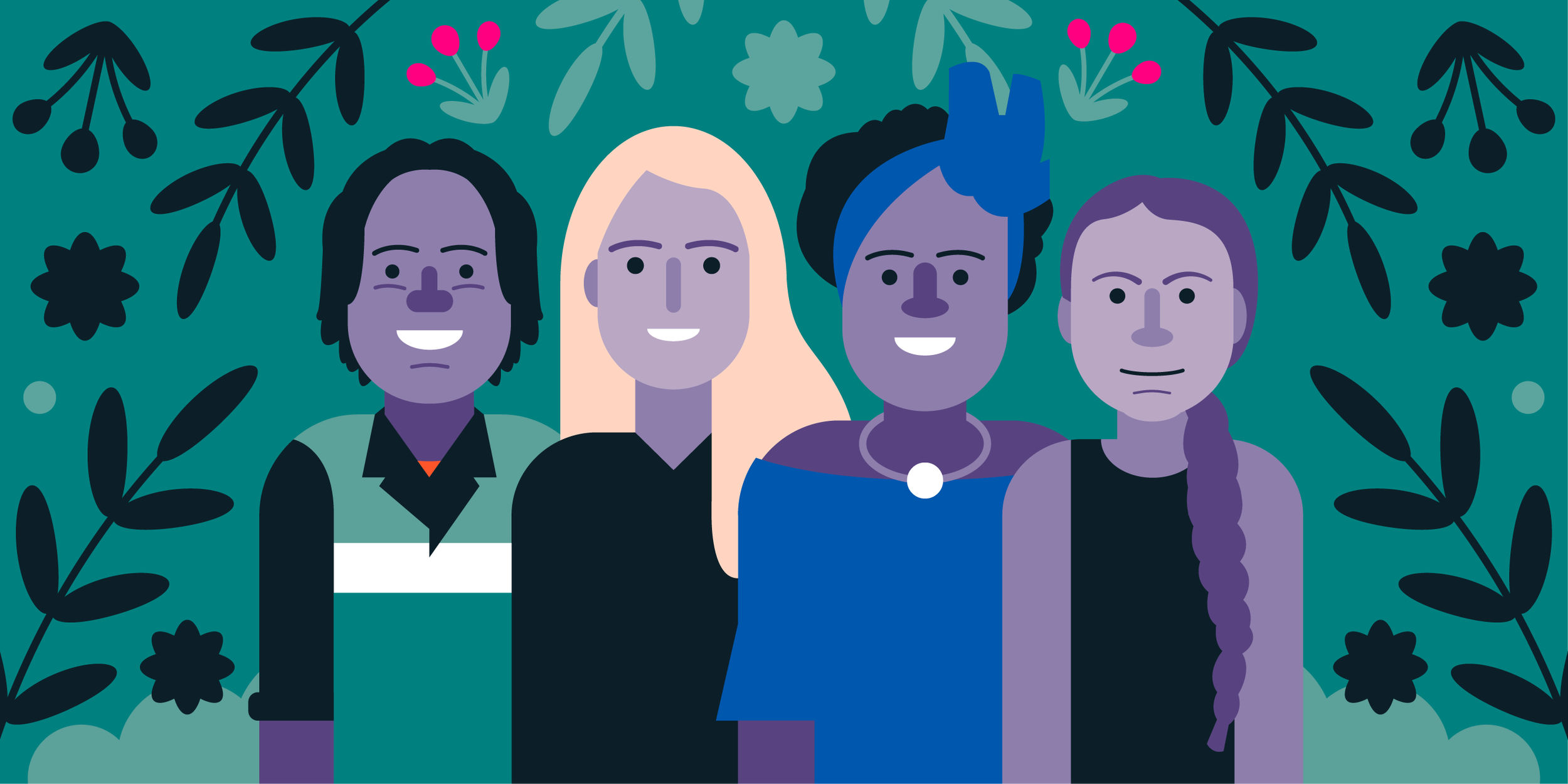 An illustrated group of four women with various hair colors and styles, surrounded by floral and leafy patterns on a teal background.