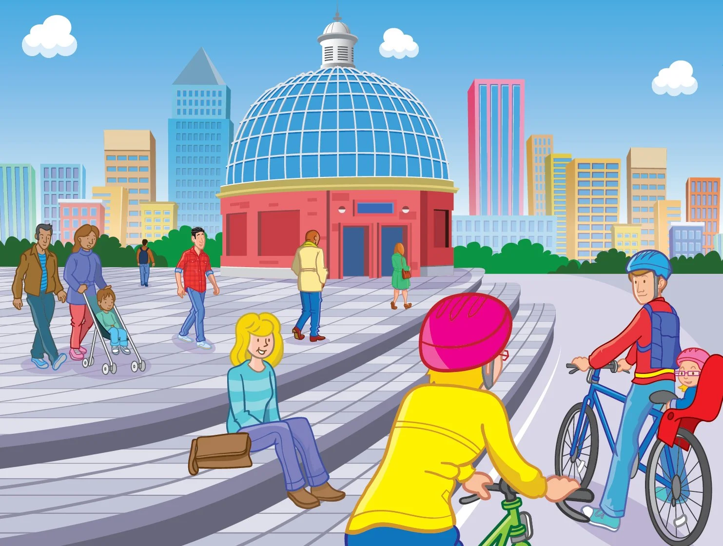 Illustration of a city scene with a diverse group of people. Some are walking, two girls and a woman are riding bikes, a woman is sitting on a bench, a family with a stroller, and others are walking in front of a large glass-domed building with a cit