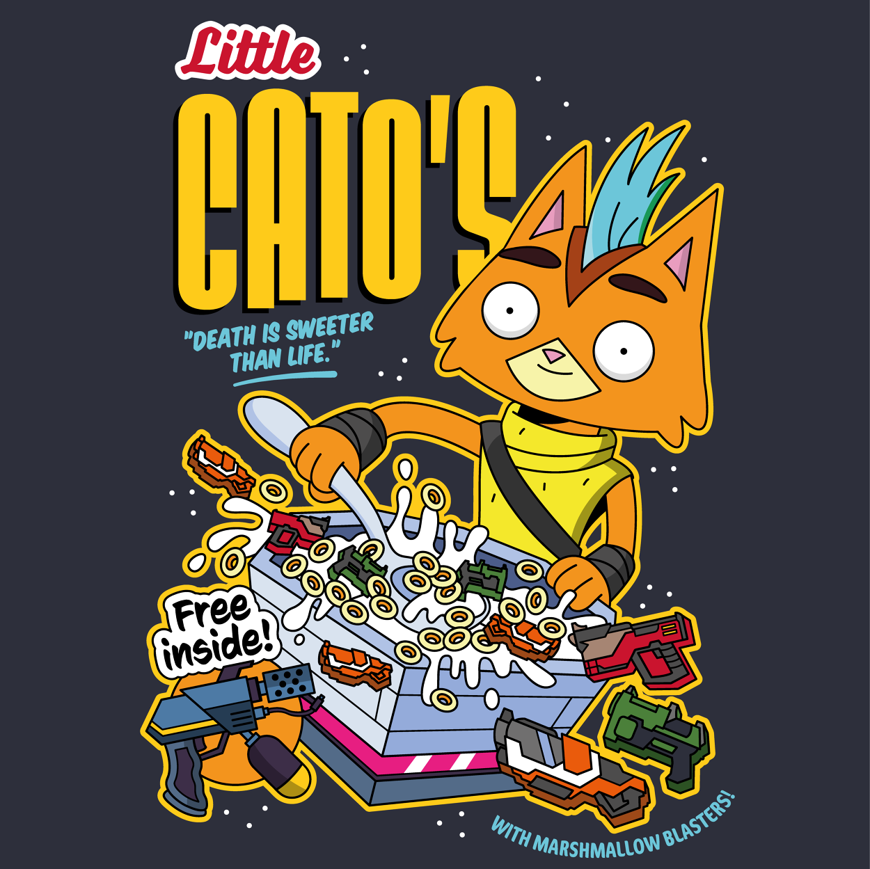 Comic style poster featuring a cartoon cat with orange fur, blue mohawk, yellow scarf, and black gloves, playing a game with marshmallow blasters, surrounded by colorful game pieces and marshmallow marshmallow. Text reads 'Little Catch' with a quote 