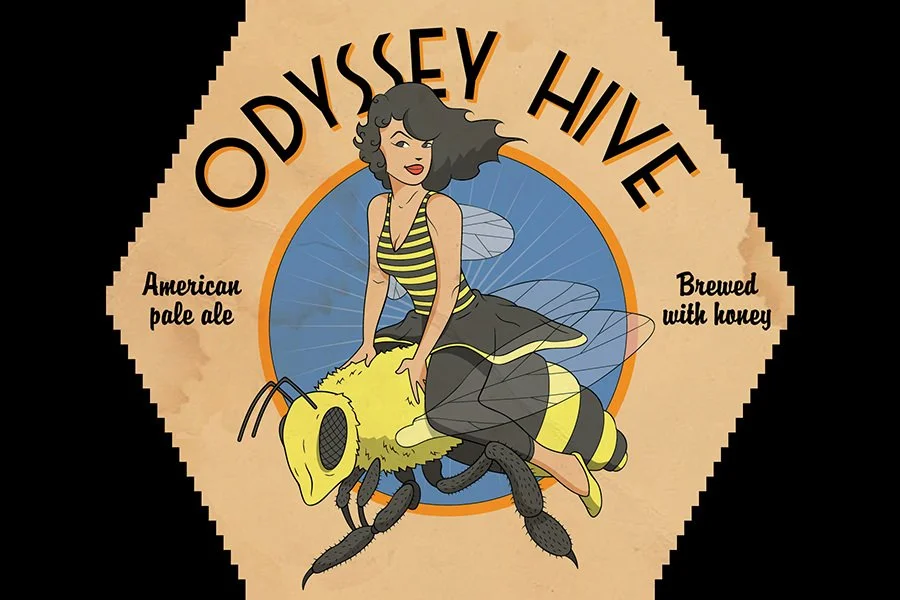 A cartoon woman with dark curly hair in a yellow and black striped dress, with fairy wings, sitting on a large bee. The bee has yellow and black stripes, with a honeycomb pattern on its head. Text above reads 'Odysey Hive'. On the left, it says 'Amer
