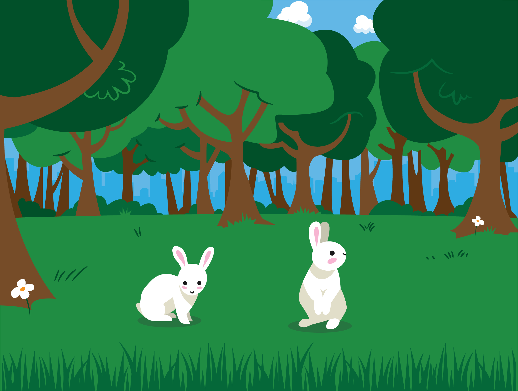 Illustration of a forest with trees, blue sky, clouds, and two white rabbits on green grass.