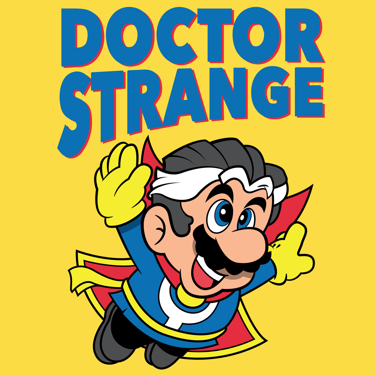 Colorful cartoon of Mario dressed as Doctor Strange with a red cape, yellow gloves, and a joyful expression, set against a bright yellow background with the text 'Doctor Strange' in bold blue and red lettering.