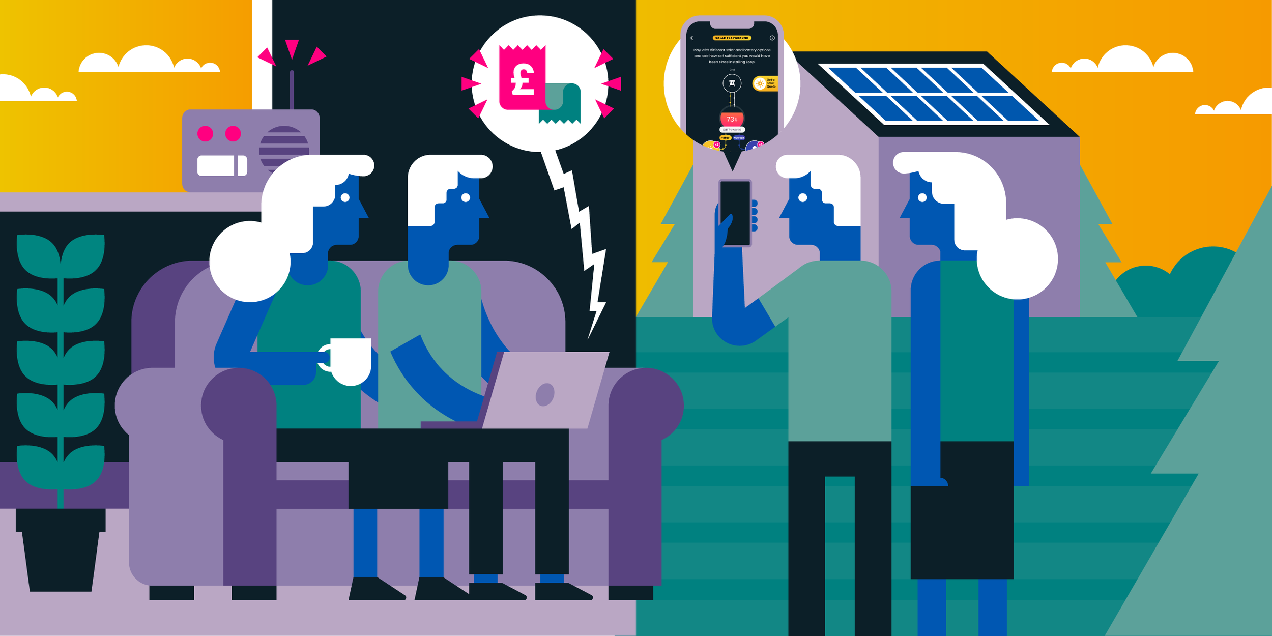 Illustration of three people discussing solar energy savings, one person is on a laptop, another is holding a phone, and the third is pointing towards solar panels on a house, with a moon and clouds in the background.