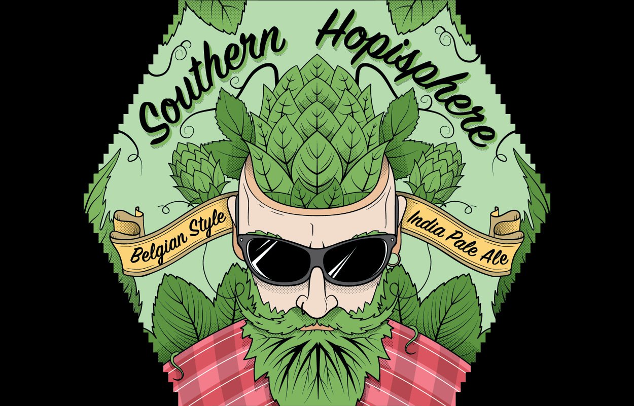 A stylized illustration of a man with a beard and sunglasses, with his head and face composed of green hops and leaves, wearing a red checkered shirt, and a banner reading 'Belgian Style India Pale Ale' with 'Southern Hoosierbeer' at the top.