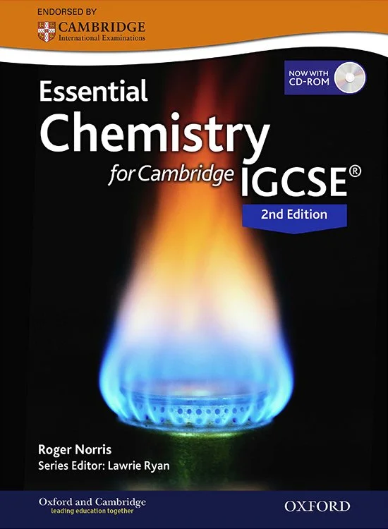 Cover of the Essential Chemistry for Cambridge IGCSE textbook, 2nd Edition, endorsed by Cambridge, featuring a blue and orange flame from a burner on a black background, with the titles and author information.