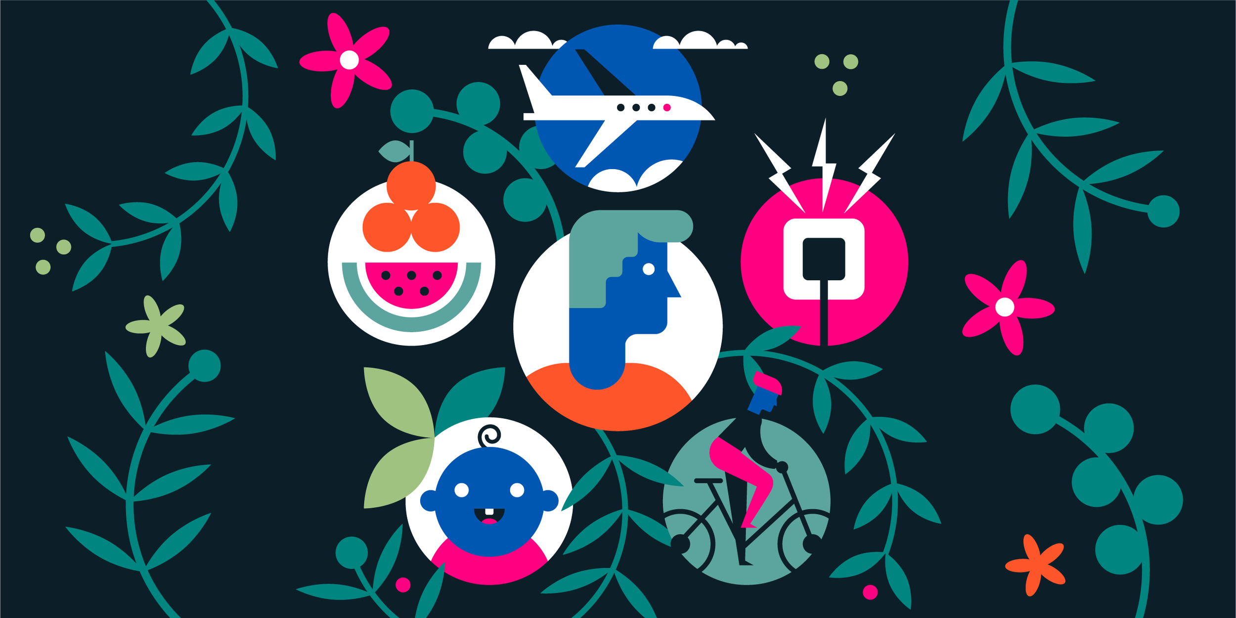 Colorful digital artwork featuring icons of a GPS airplane, fruit, friendship, creativity, and outdoor activities surrounded by green vines and flowers.