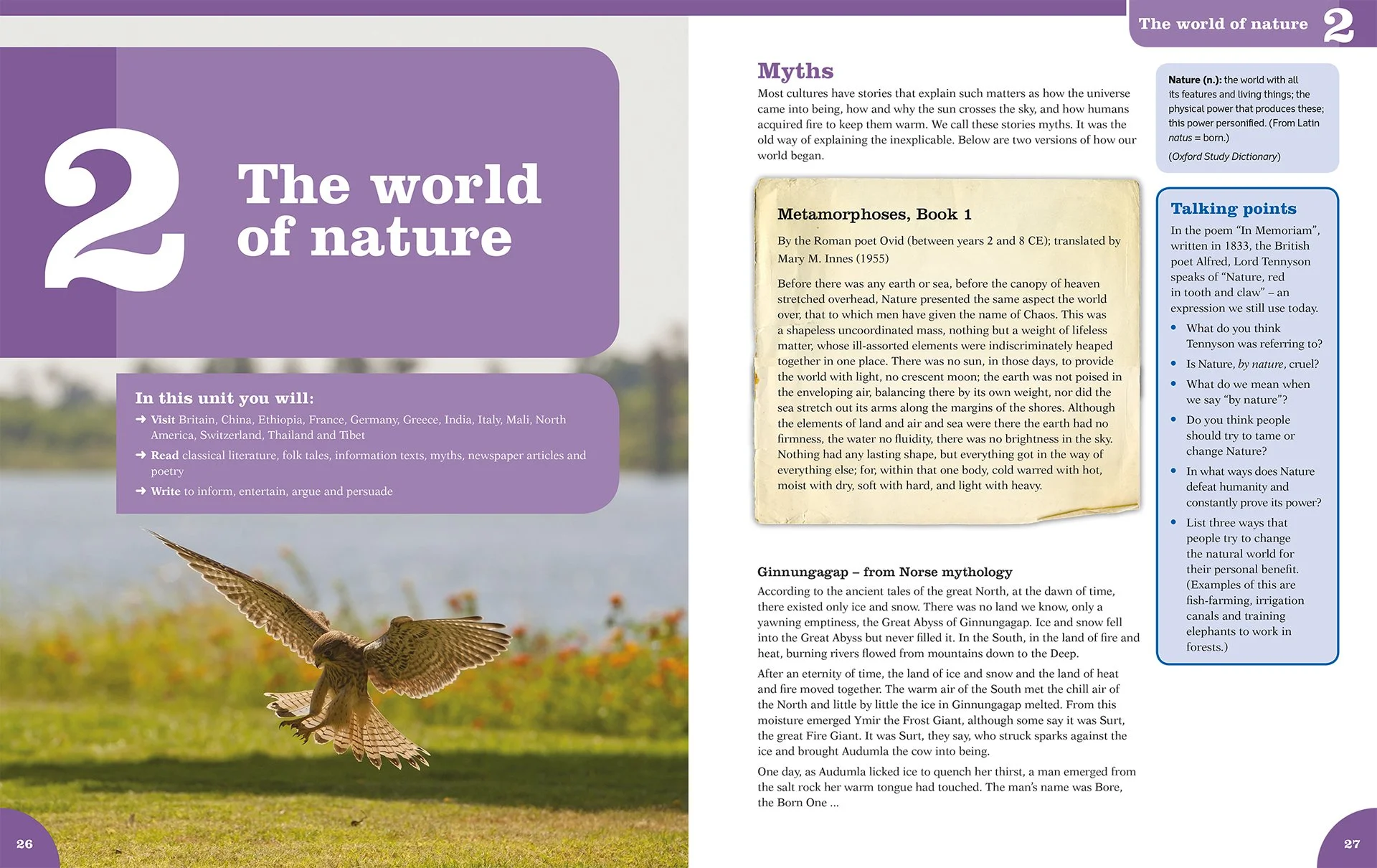 An open book page with the title "The world of nature" and a flying bird over a background of a natural landscape with grass and a water body.