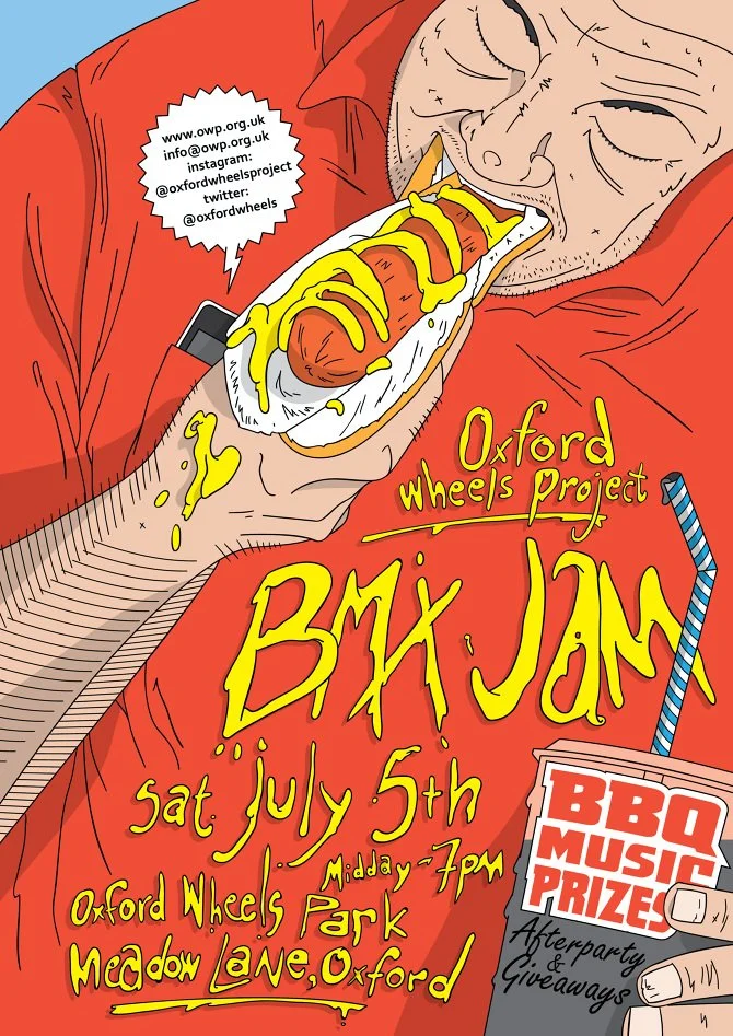 Illustration of a person holding a hot dog topped with mustard, with a drink labeled 'BBQ Music Prizes' and event details for Oxford Wheels Project BMX Jam on July 5th at Oxford Wheels Park.