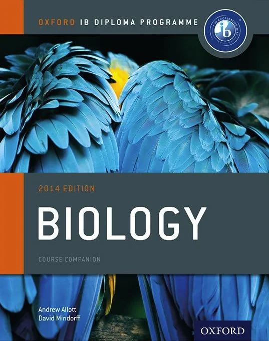 A biology textbook with a cover featuring a close-up photo of blue parrot feathers and an image of a yellow bird peeking through the feathers, with the title "Biology" and publisher "Oxford".