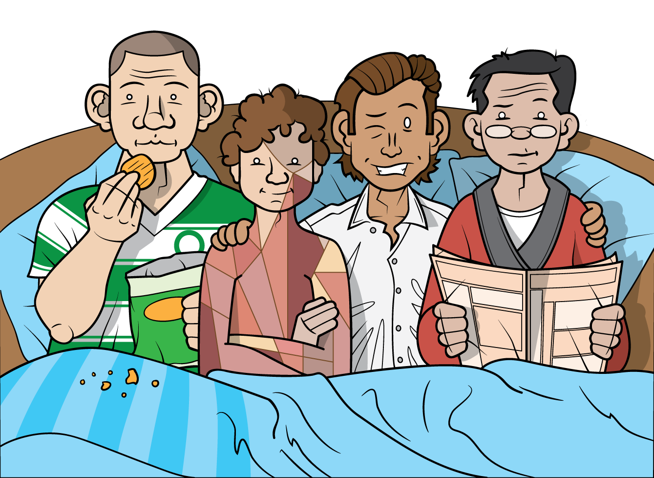 Cartoon illustration of four people sitting in bed, some eating snacks and reading a newspaper, with a blue blanket covering them.