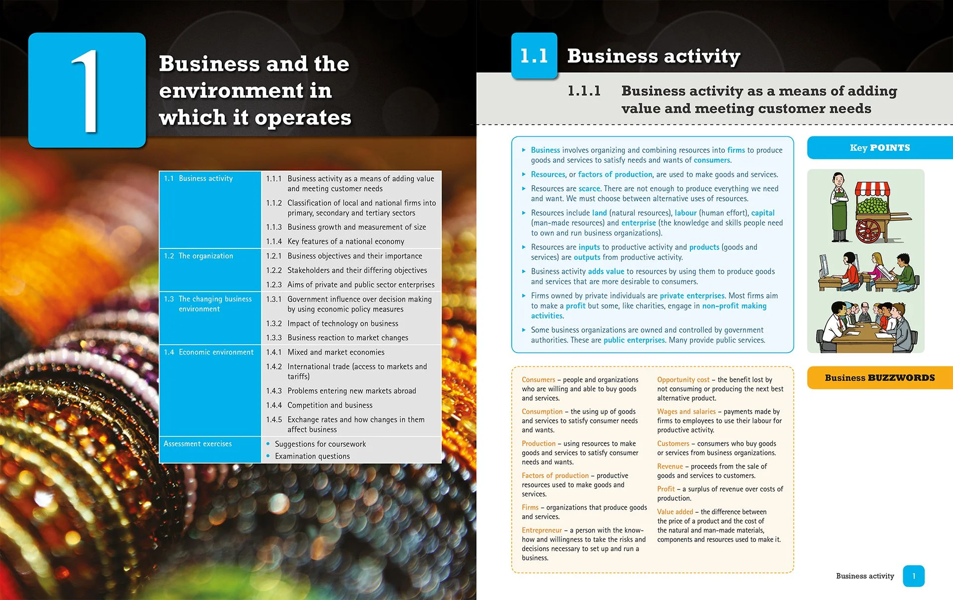 Page from an educational business textbook showing sections about business activity, organization, environment, and assessment exercises, with colorful graphics and icons.