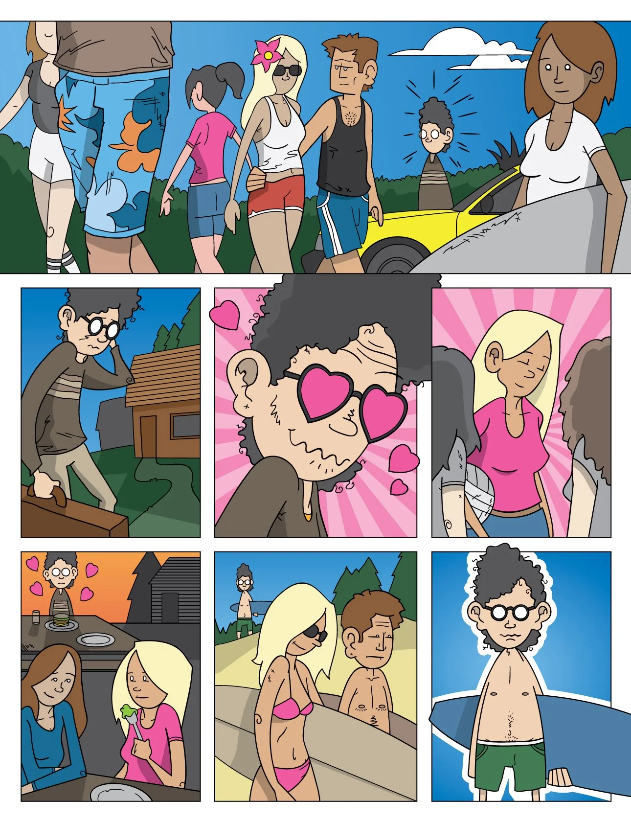 Colorful cartoon comic strip showing scenes of people at the beach and outdoors, including individuals walking, sitting, and smiling, some with hearts around their faces, and a person swimming.