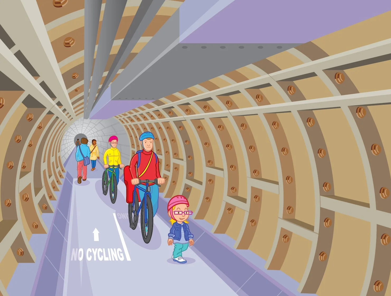 Illustration of a tunnel with cyclists and pedestrians; a sign on the ground says 'No Cycling' and there is a guardrail along the tunnel.