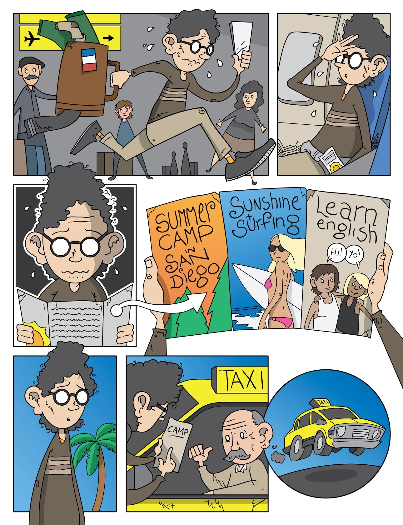 A cartoon illustration of a person traveling, with scenes of airport check-in, airport waiting, reading a travel guidebook, looking at vacation flyers for Summer Camp in San Diego, Sunshine Surfing, and Learn English, then taking a taxi.