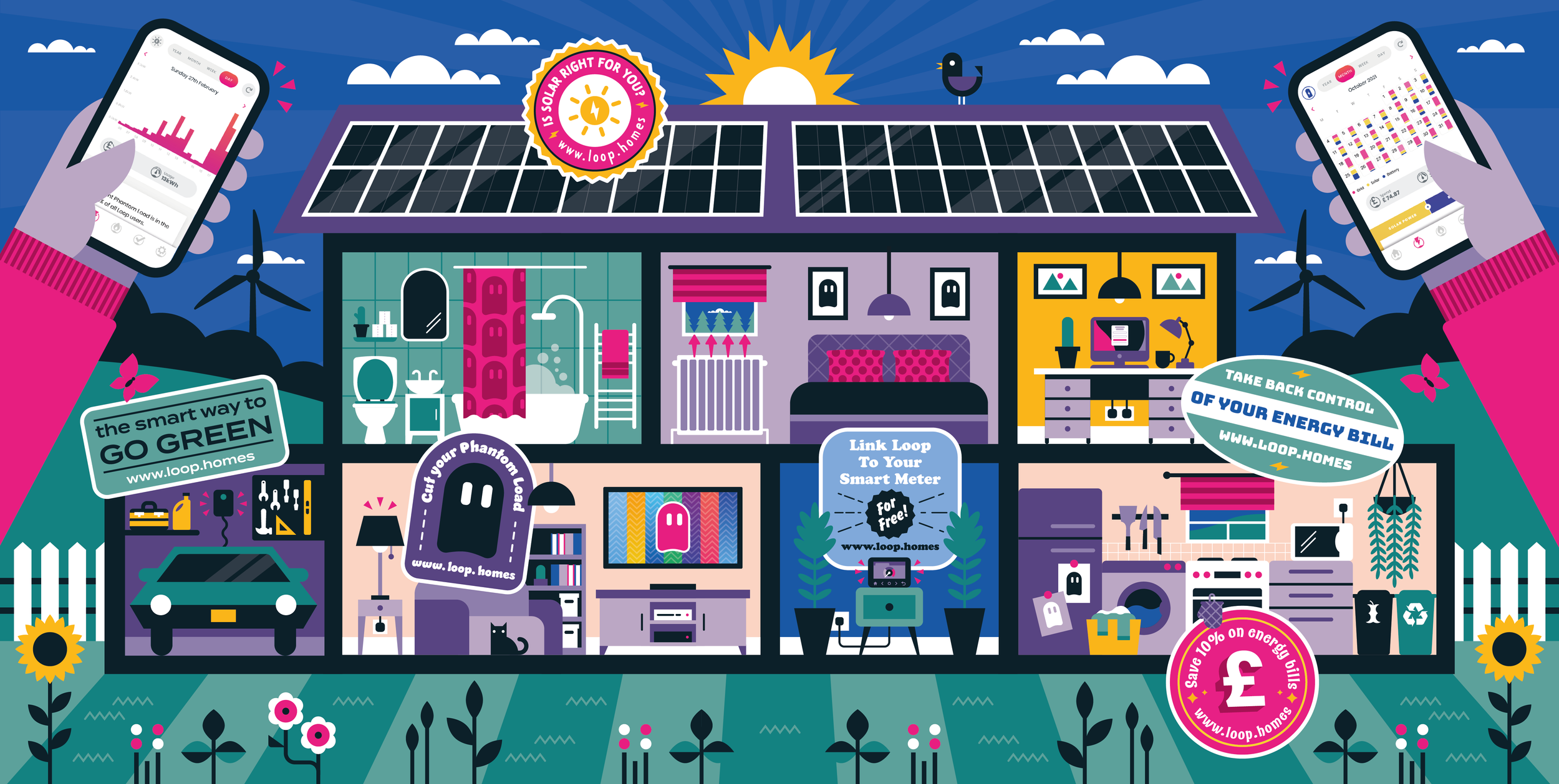 Illustration of a house with solar panels on the roof and connected to smart home devices, promoting energy efficiency and renewable energy.