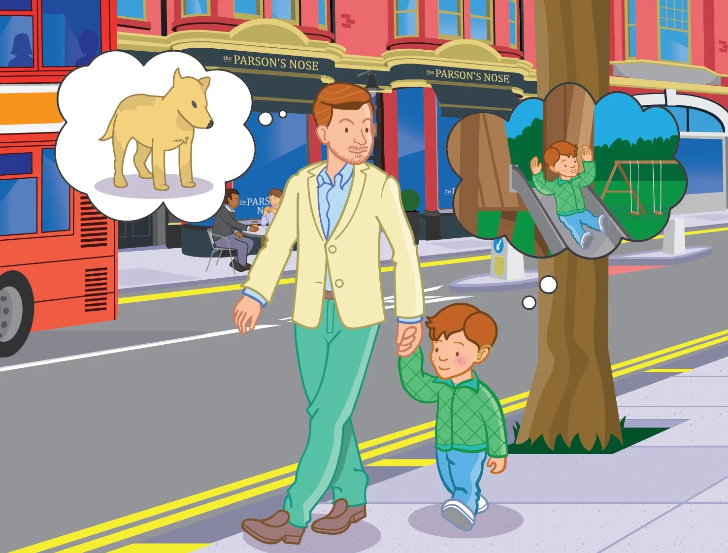 A man and boy are walking hand in hand on a city sidewalk. The boy is thinking about a dog and a playground slide, as shown in thought bubbles above his head. They are near a tree on the street with a red double-decker bus passing by and a building w