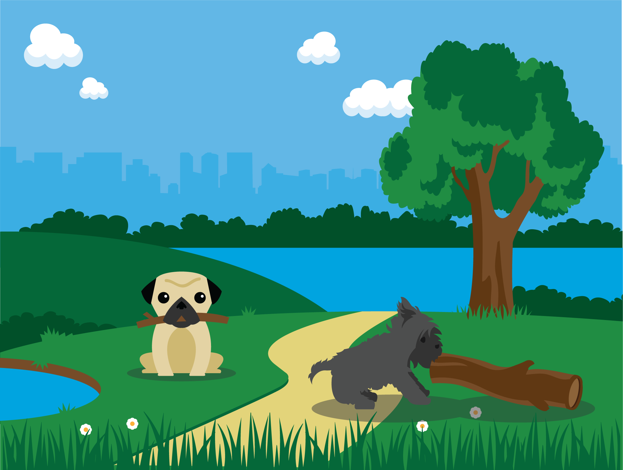 A cartoon park scene with a dog holding a stick, a porcupine, a large tree, a pond, and a pathway, with a city skyline and blue sky with clouds in the background.