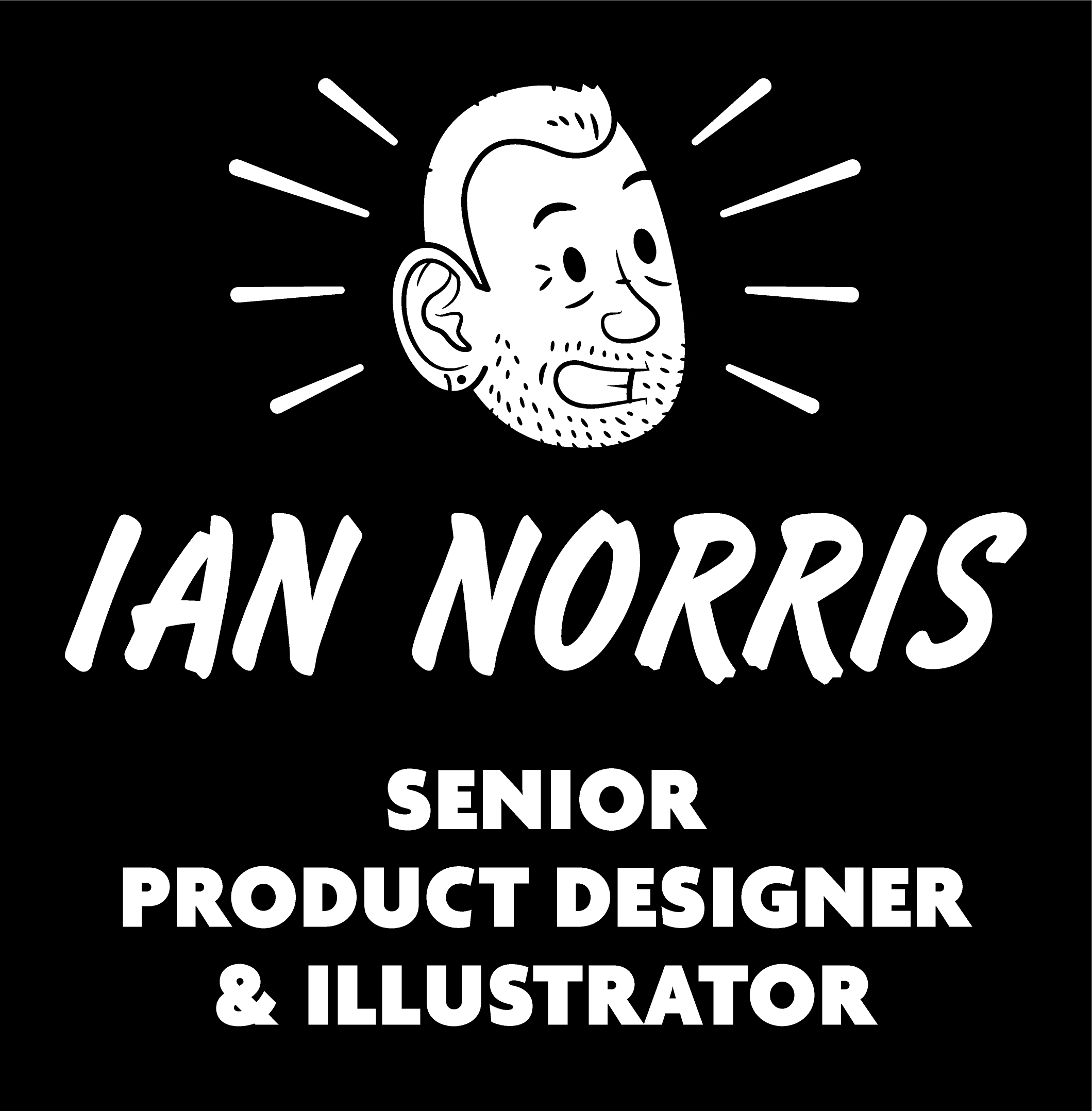 Black background with white text listing creative roles including 'Jan Norris, Senior Product Designer, & Illustrator' and a cartoon illustration of a smiling man with short hair and stubble, radiating lines around his head.
