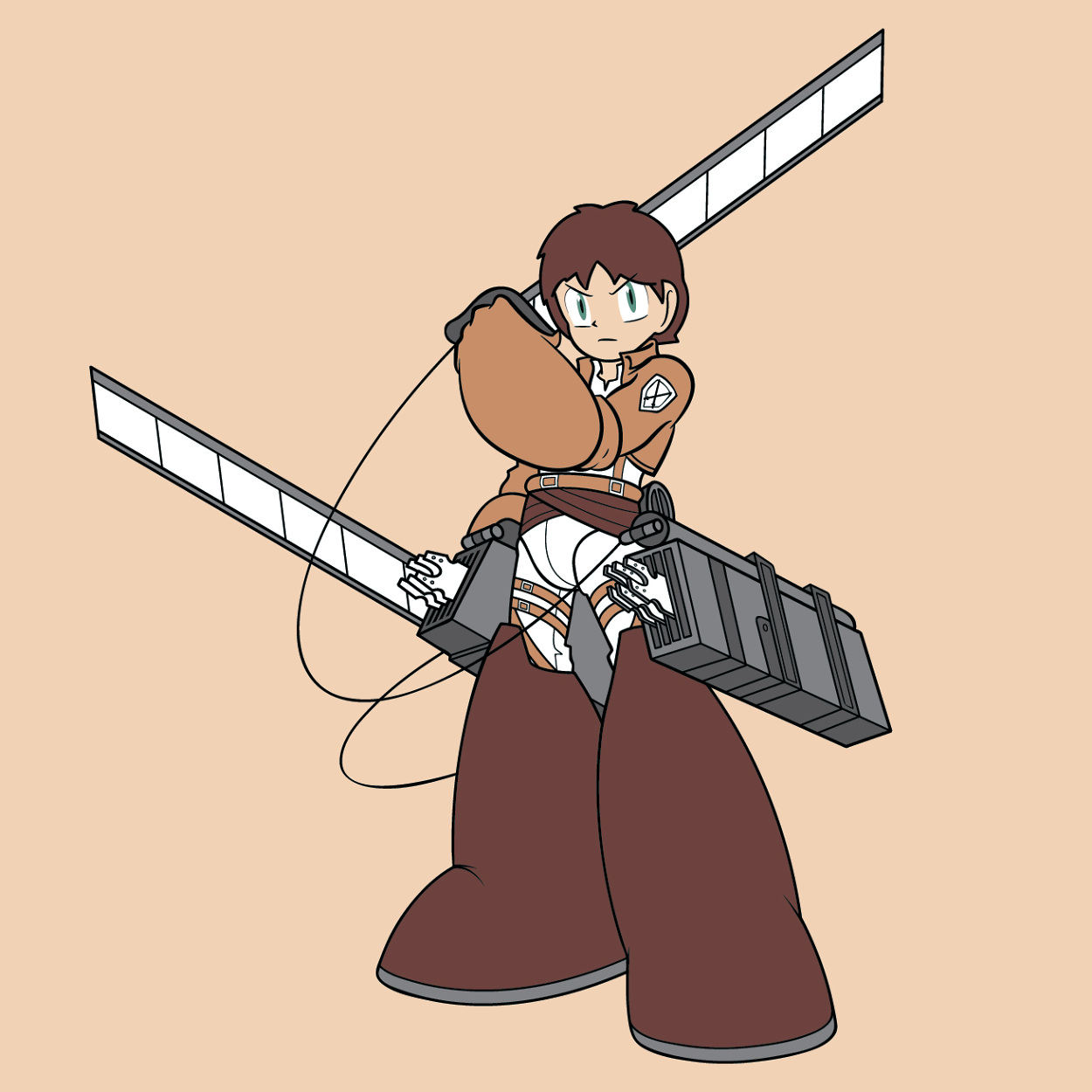 Cartoon character from anime 'Attack on Titan' with a military uniform, holding a wire, and standing on a pair of large horse legs with Survey Corps emblem on the chest.