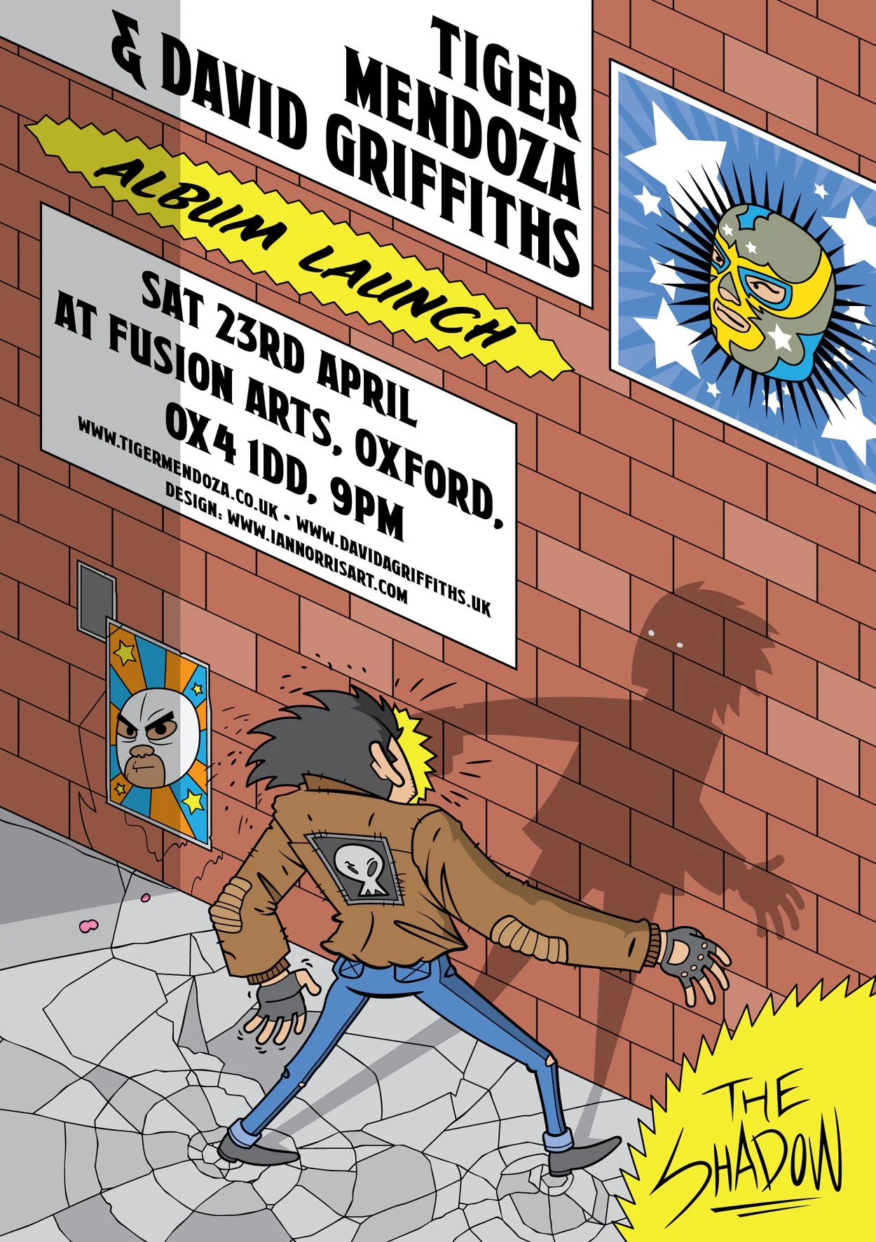 A street scene with a brick wall, posters including a luchador mask and a superhero, and a person with spiky hair, a jacket with a skull patch, and gloves, standing on cracked pavement casting a shadow shaped like a luchador mask. There are signs for