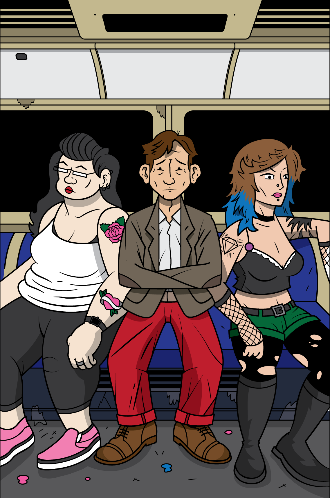 Three young adults sitting on a bus, each with distinct style. The woman on the left has black hair, glasses, tattoos, and is wearing a white tank top, black pants, and pink sneakers. The man in the middle has brown hair, a worried expression, a brow