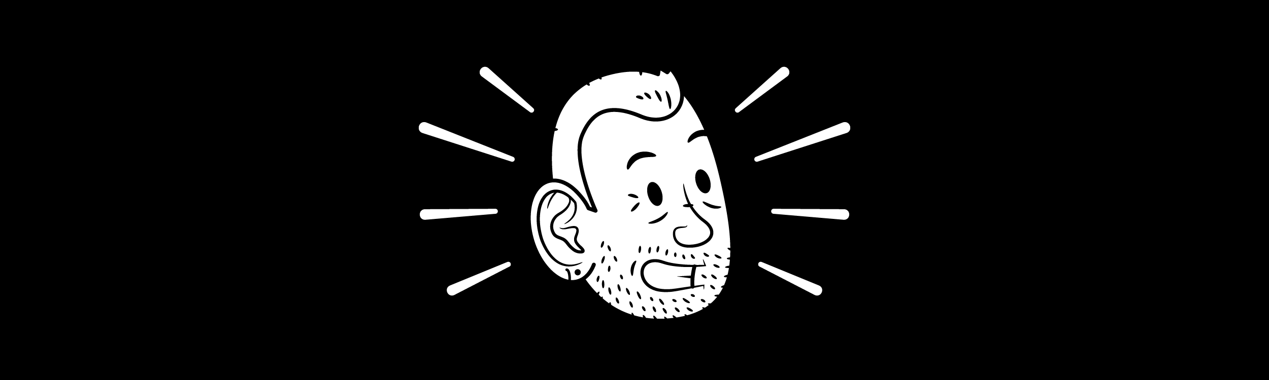 Black and white illustration of a person's head with short hair, beard, and a cheerful expression, surrounded by radiating lines.