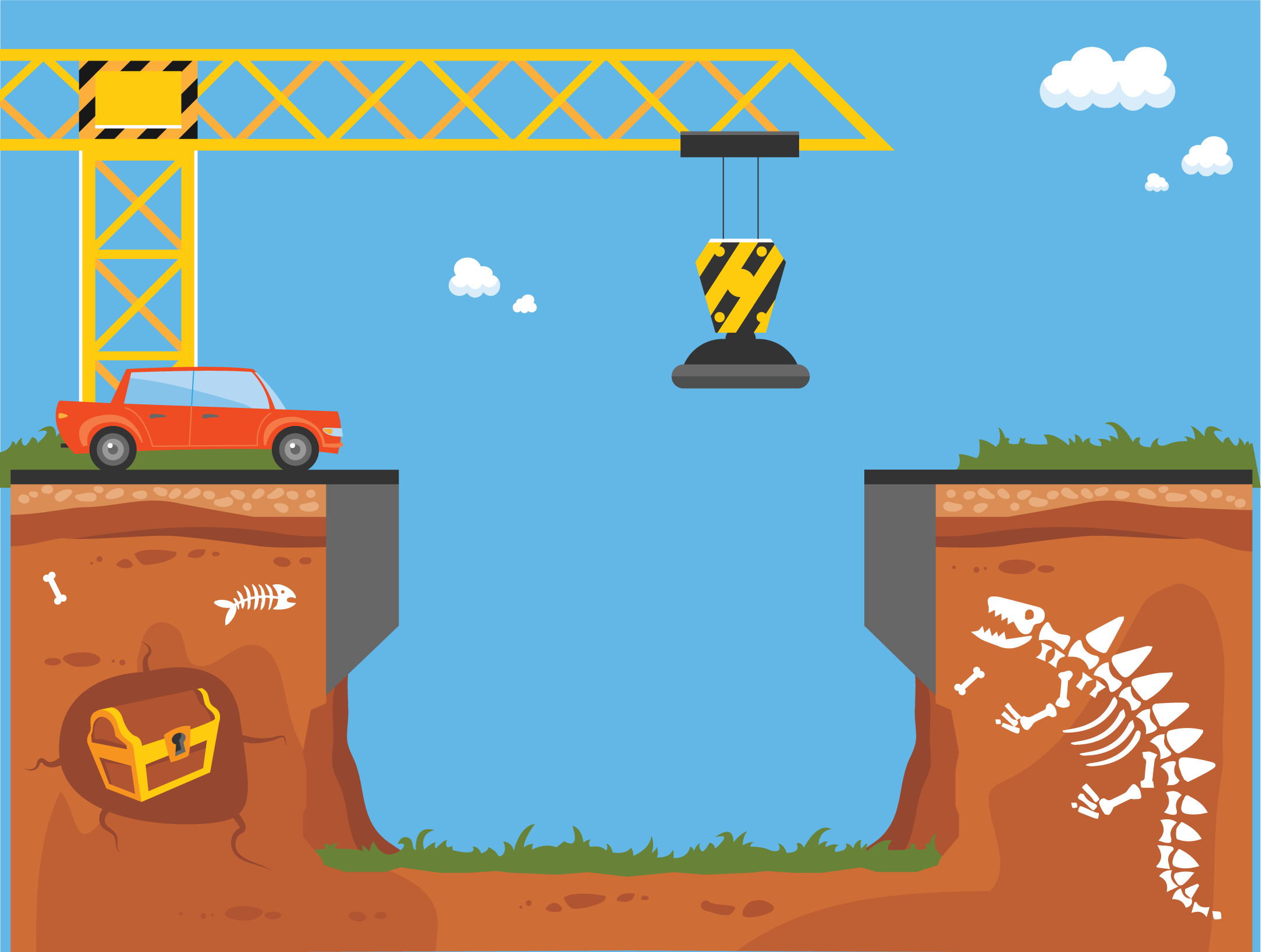 Cross-section of earth with buried treasures, bones, and fossils, a construction crane overhead, a car on top, and a treasure chest underground.