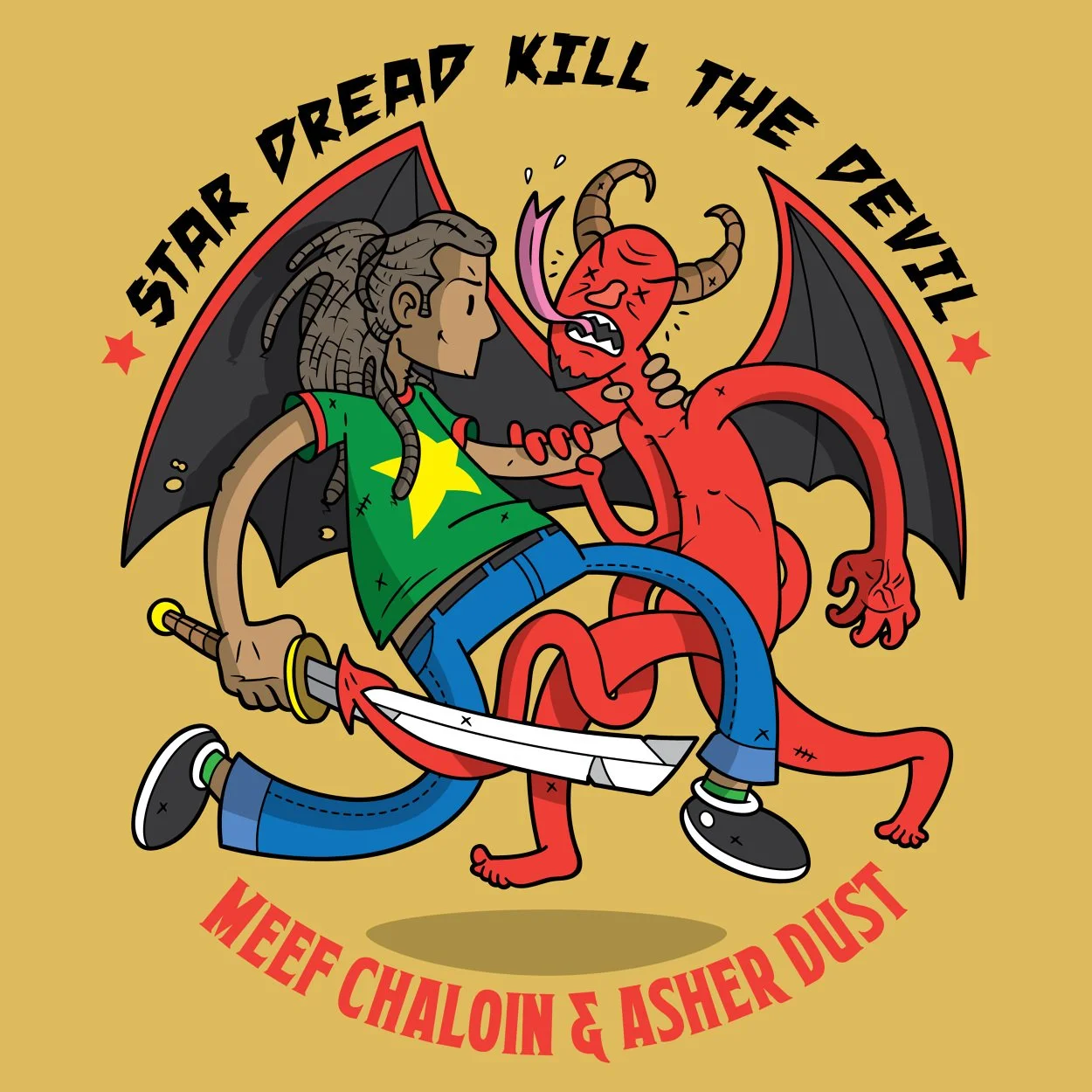 A cartoon of a person with dreadlocks fighting a red demon with horns and wings. The person is holding a large sword and wearing a green shirt with a yellow star, blue jeans, and sneakers. The demon has a tail, wings, and claws, and appears aggressiv
