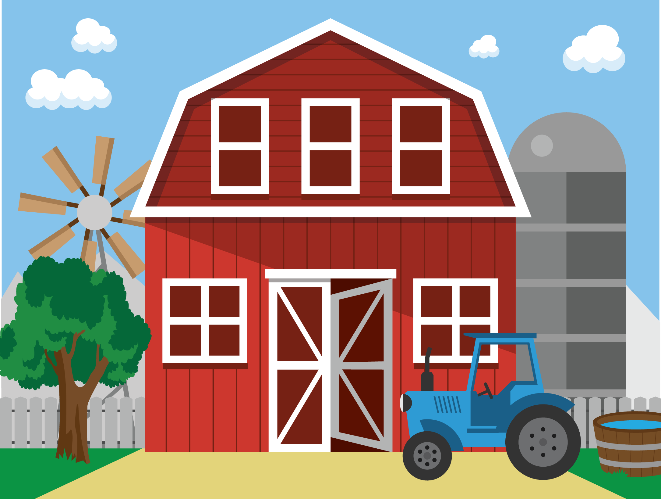 A red barn with white trim and a partially open door, a tree with green leaves, a blue tractor, a wooden barrel, and a white picket fence in the background, under a blue sky with clouds.