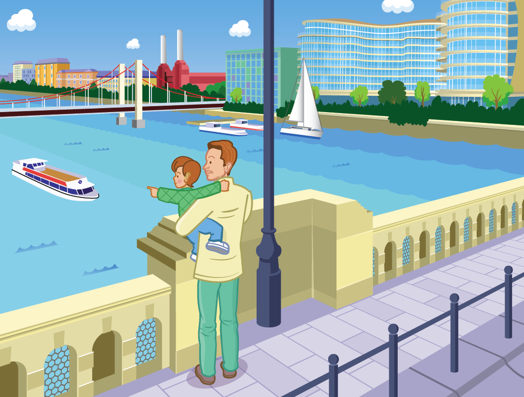 A man holding a child on a riverwalk with boats and modern buildings in the background.