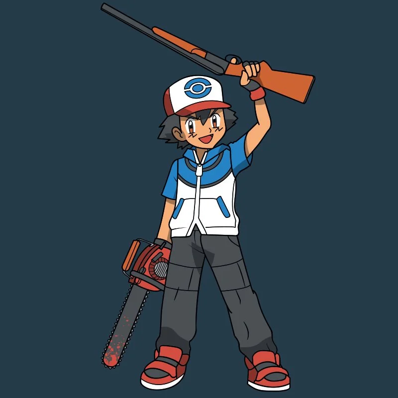 A cartoon boy dressed in blue and white outdoors gear, holding a rifle above his head and a chainsaw in his right hand, wearing a cap with a Poké Ball symbol.