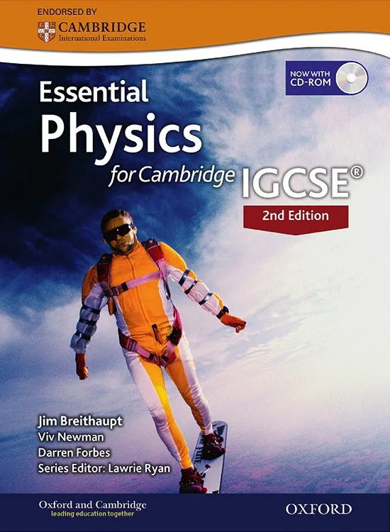 Cover of an educational physics textbook titled 'Essential Physics for Cambridge IGCSE, 2nd Edition' with a skydiver in a jumpsuit and helmet, sky in the background, endorsed by Cambridge, published by Oxford.