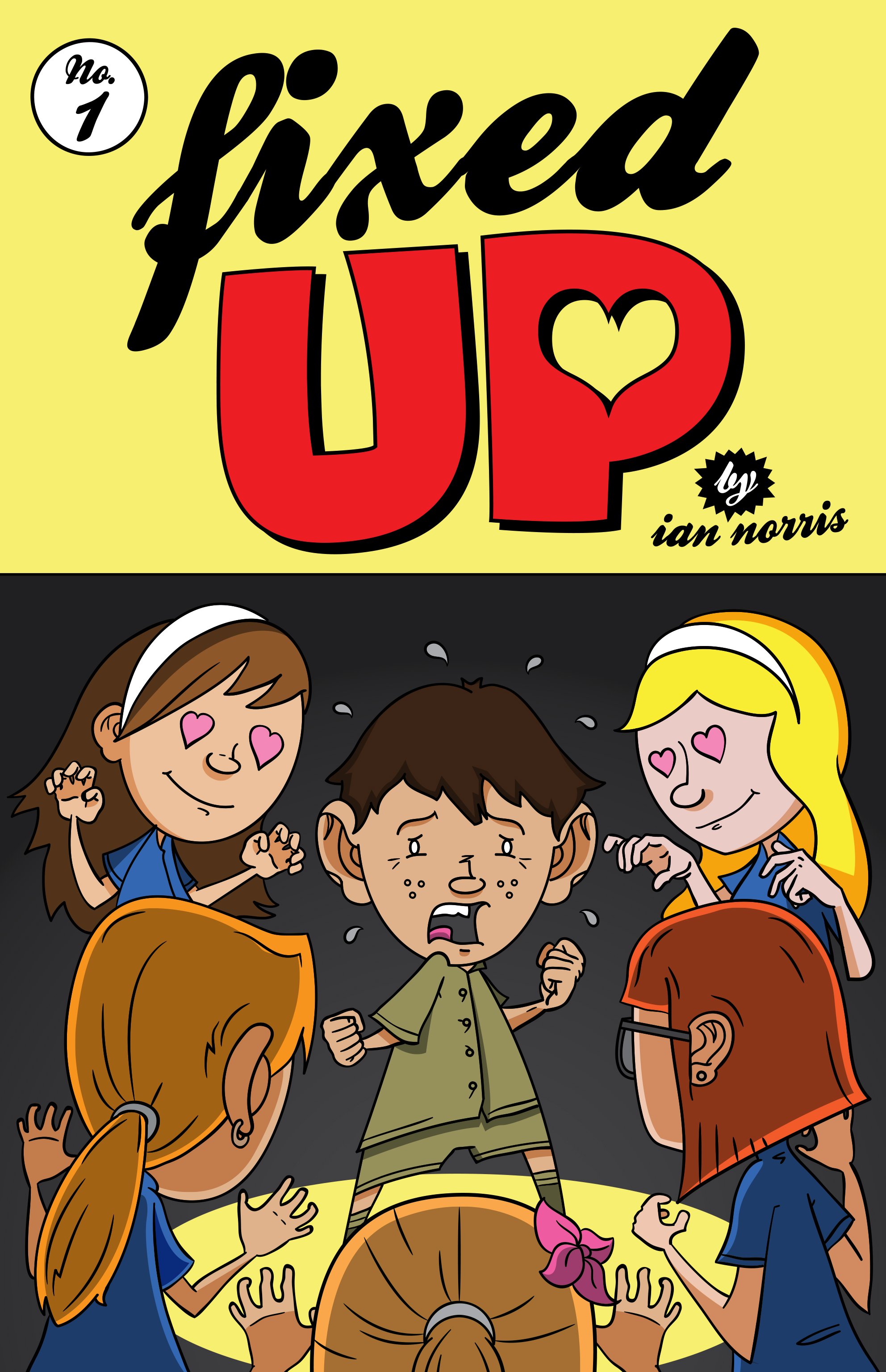 Children emotionally react with fear and sadness as a boy in the middle cries and looks distressed, while other children surround him, some with heart eyes and smiling, in a classroom or school setting with a yellow background. The top of the image f