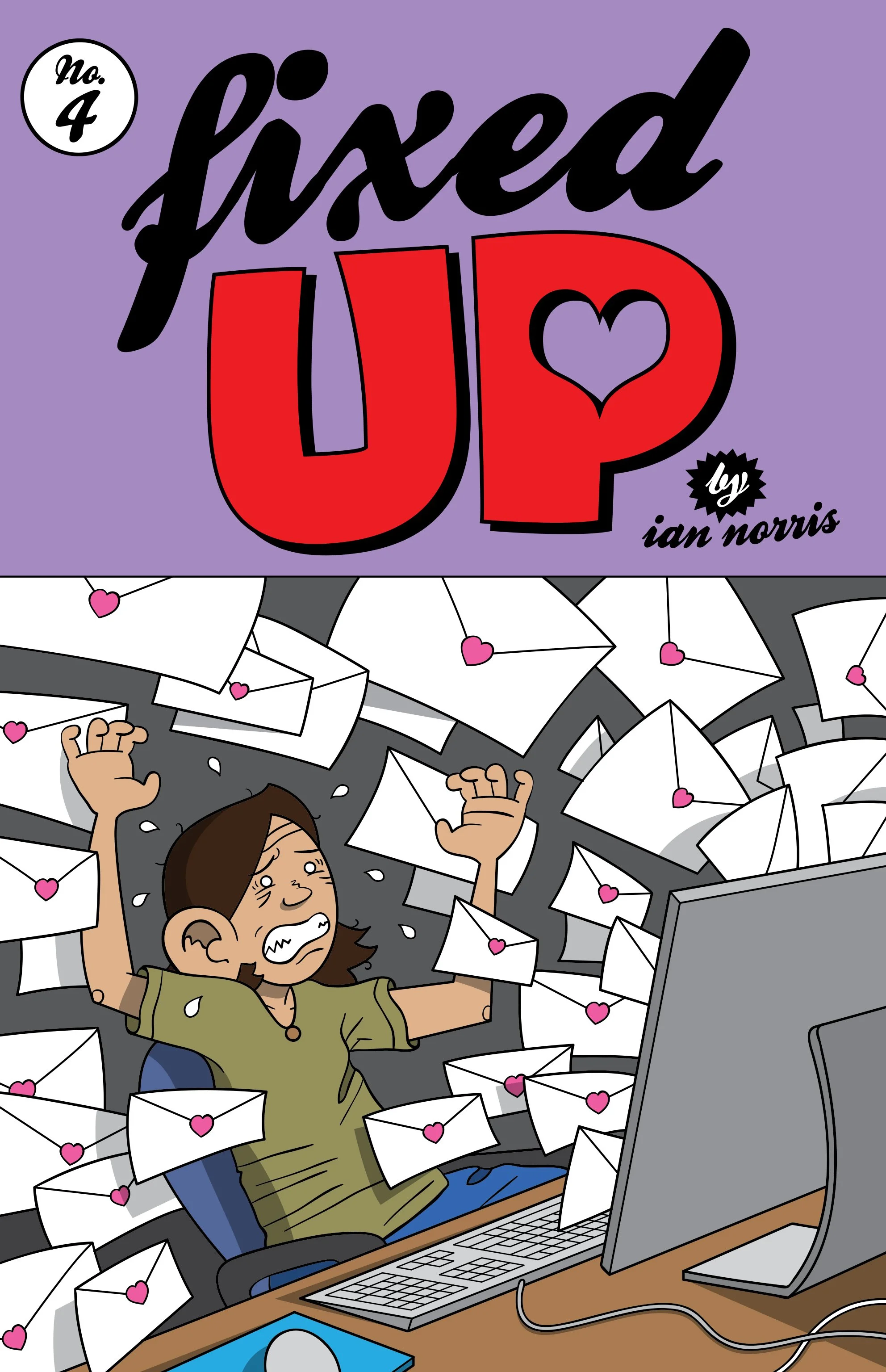 Illustration of a woman overwhelmed with hundreds of mail envelopes with pink hearts, sitting at a desk with a computer, showing frustration.
