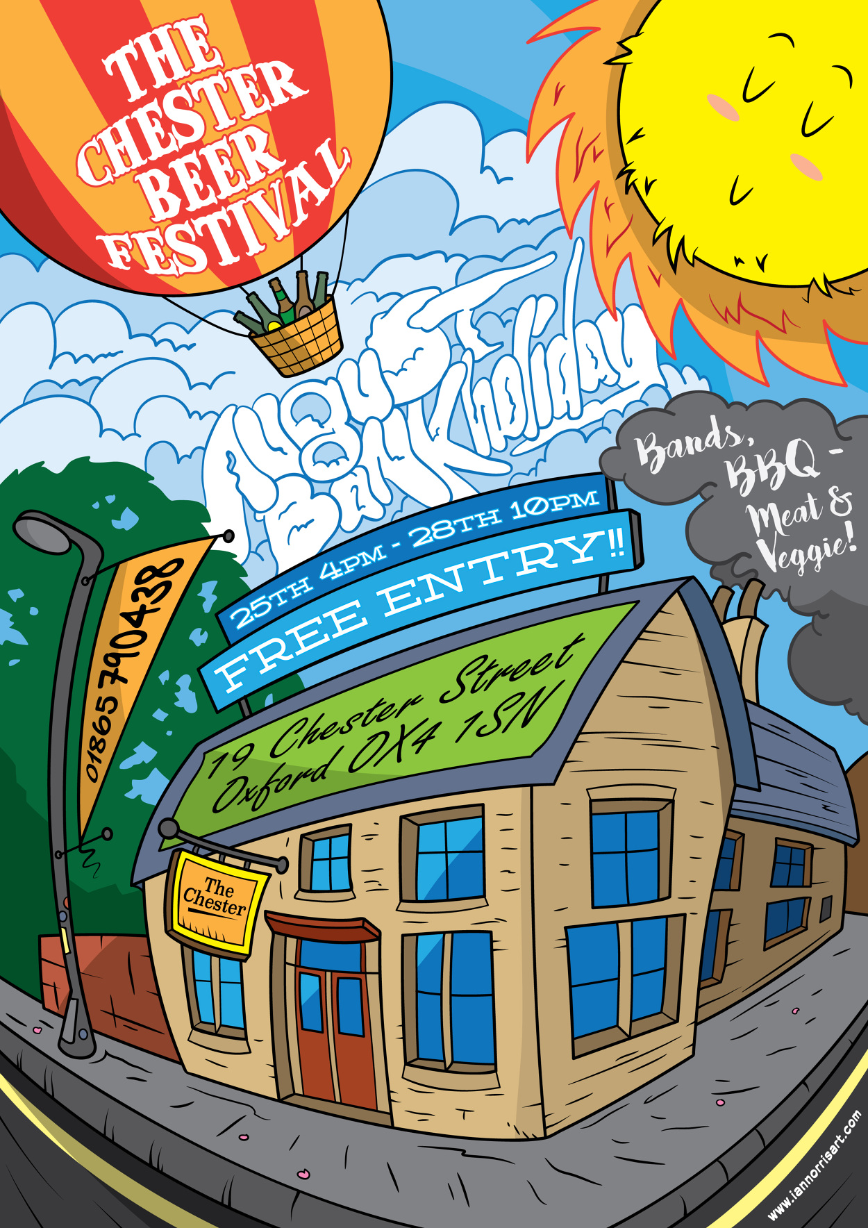 Colorful advertisement poster for The Chester Beer Festival, featuring a hot air balloon, a setting sun, clouds, a house with a sign, and smoke from BBQ, with details about event date, time, and location.