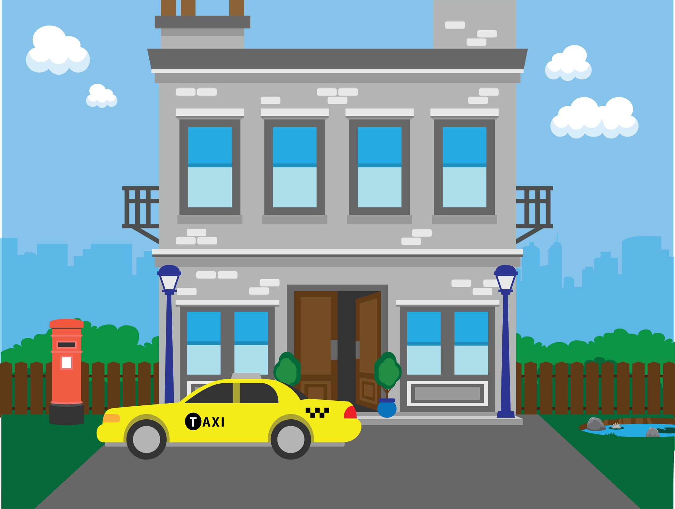 A cartoon-style gray house with tall windows, a front door, and a small balcony, flanked by street lamps, with a yellow taxi parked in front, a red mailbox, green bushes, a pond, and a wooden fence, set against a blue sky with clouds.