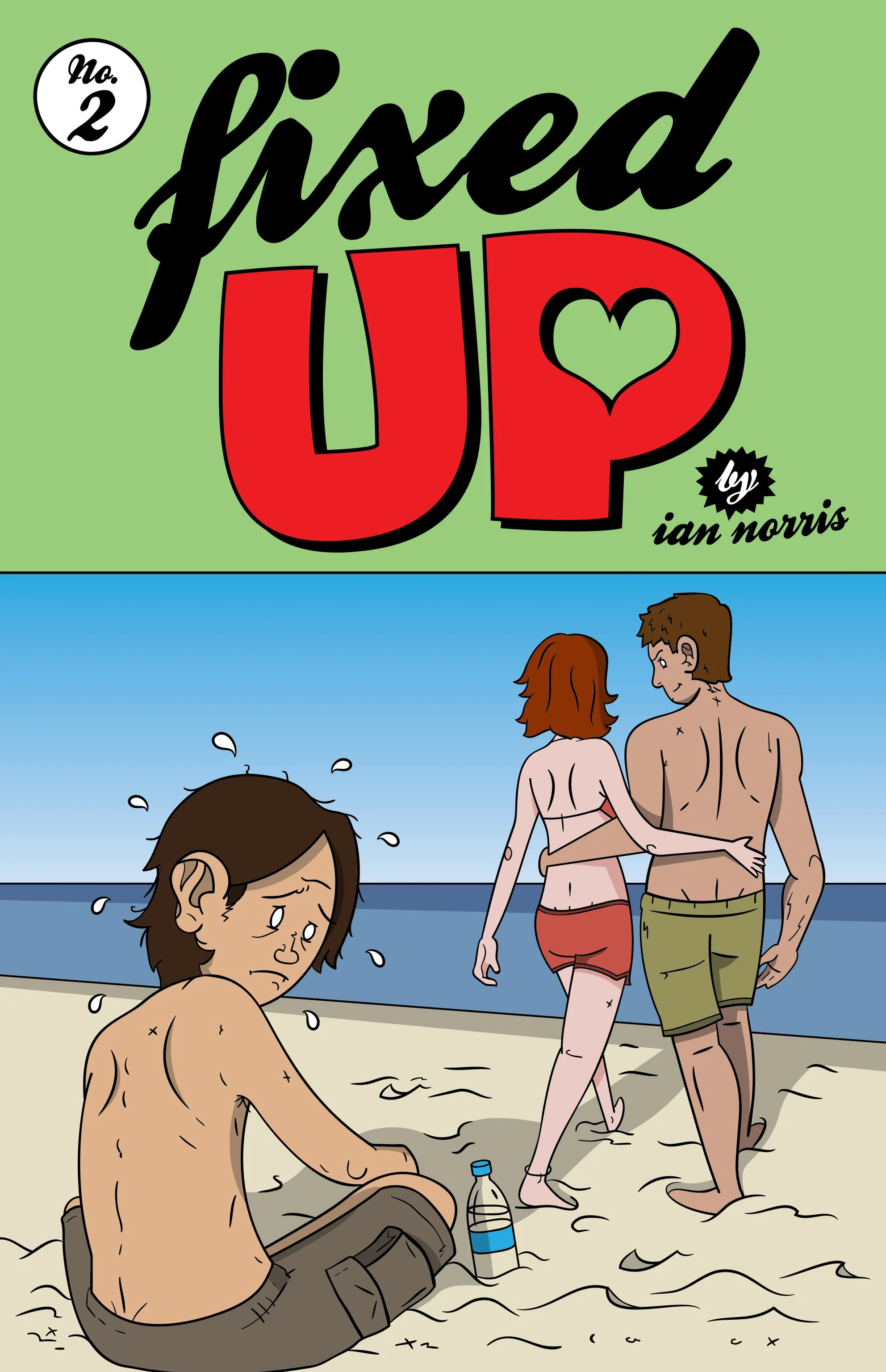 A comic book cover titled 'fixed up' by Ian Norris shows three people at the beach. A sad man with long hair and no shirt sits on the sand, looking down. A couple is walking hand-in-hand along the shoreline, with the woman in a red bikini and the man