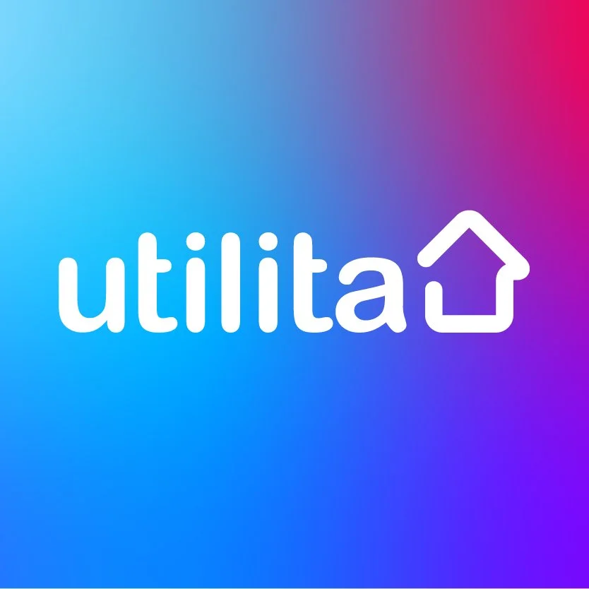 The image features the logo of 'utilita' with the word in white lowercase letters and a house-shaped icon to the right, set against a vibrant gradient background transitioning from blue to pink.
