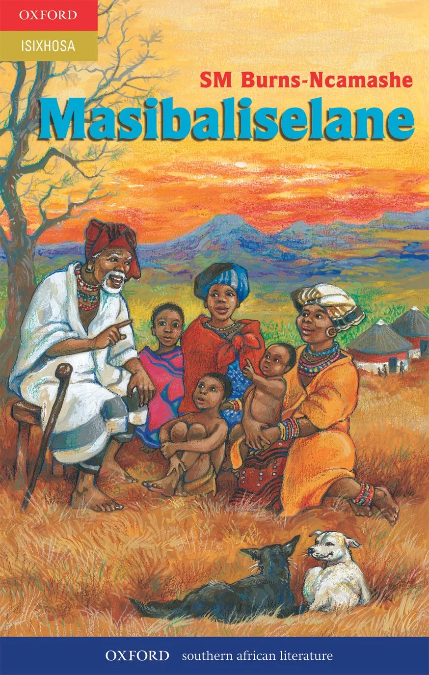Book cover titled 'Masibaliselane' by SM Burns-Ncamashe, depicting an outdoor scene with African people, children, and dogs in a rural landscape at sunset.